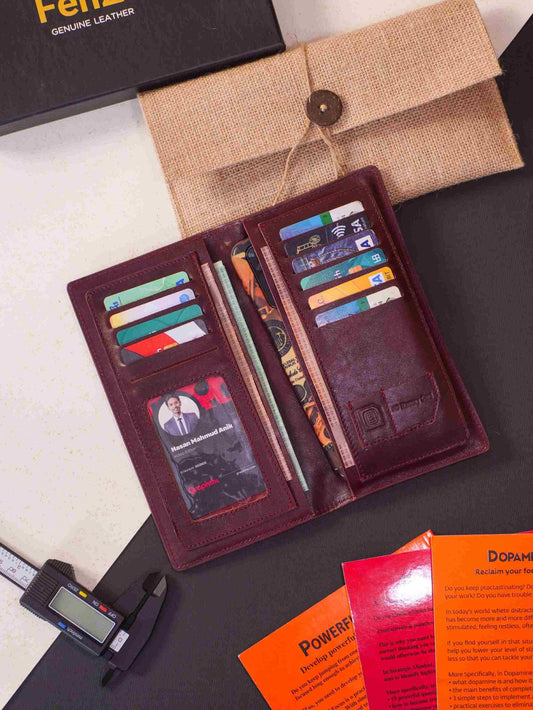 Premium Fenzo burgundy leather long wallet for men displayed with card slots and organizer compartments