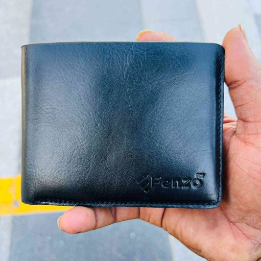 Minimalist luxury black leather bifold wallet for men showcasing premium texture