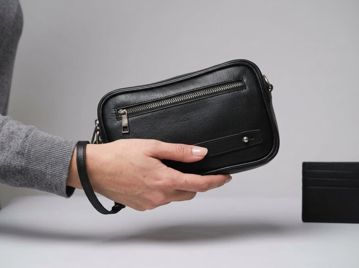 Fenzo premium black genuine leather hand bag with wrist strap for professionals.