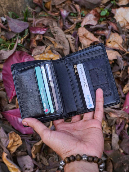 Minimalist black genuine leather vertical trifold pocket wallet for everyday luxury style