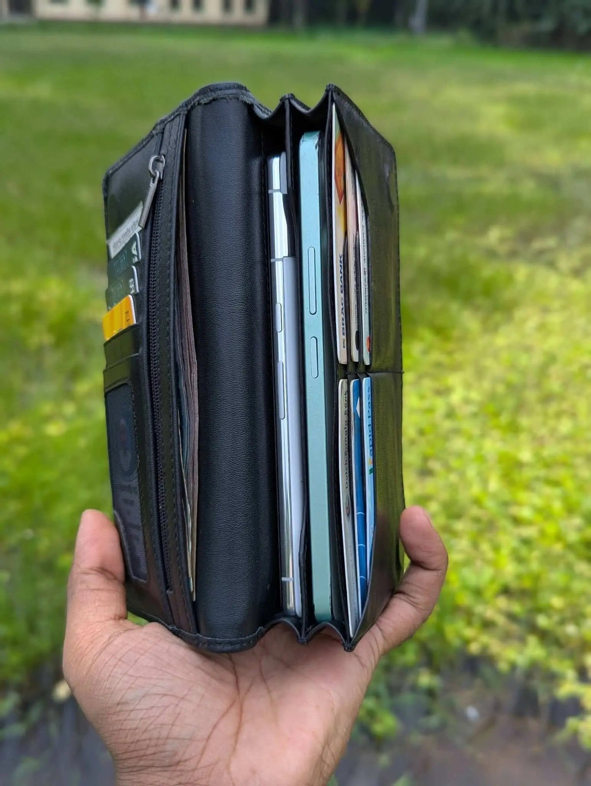 Handmade black leather long wallet for men with zipper pocket and card slots