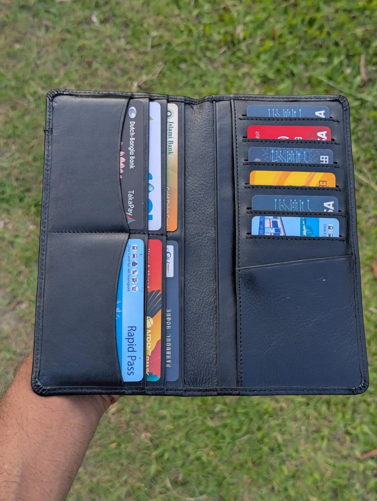 Minimalist black leather long travel wallet with multiple slots for premium luxury look